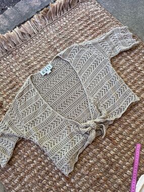 90s Beige Knit Tie-Front Shrug Sweater